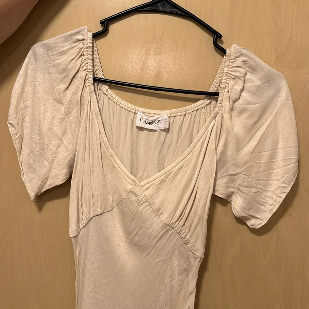 Off-Shoulder Cream Satin Maxi Dress - Picture 7 of 10